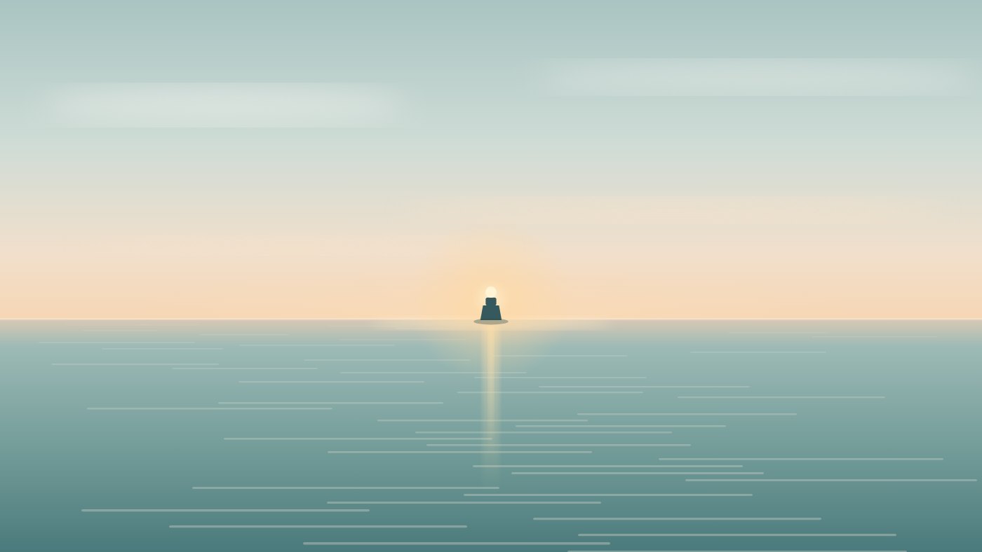 A calm sea at dusk with a single small light glowing on the horizon