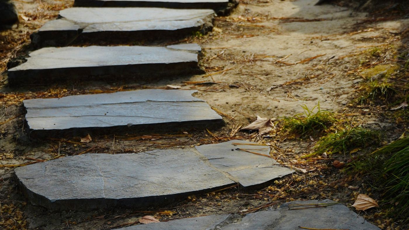 Flat stone steps winding along a quiet lakeside path